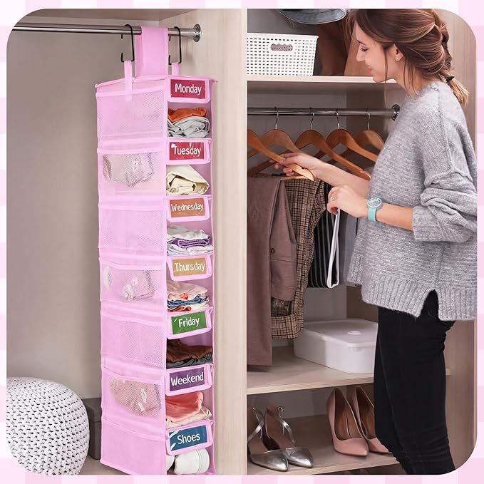 2 Pack 7 Shelf Weekly Clothes Organizer Hanging Closet for Kids with Side Pockets Weekday Shoes Rack Weekly Clothes Organizers Monday Through Weekend Foldable Storage Shelves(Pink)