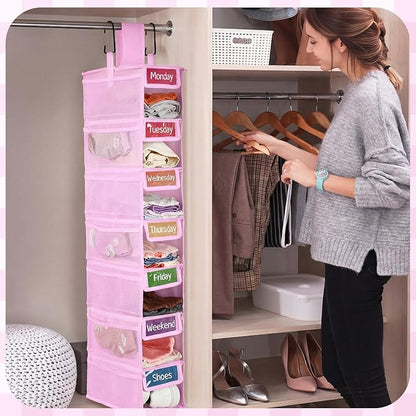 2 Pack 7 Shelf Weekly Clothes Organizer Hanging Closet for Kids with Side Pockets Weekday Shoes Rack Weekly Clothes Organizers Monday Through Weekend Foldable Storage Shelves(Pink)