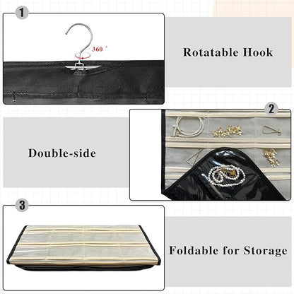 1 Pack Hanging Jewelry Organizer 80-Pocket Dual-sided Jewelry Storage for Earring Necklace Bracelet Ring Travel Holder, Black and Beige