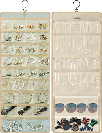 GMAK Hanging Jewelry Organizer with Hanger Metal Hooks, Double-Sided Jewelry Holder Accessories Organizer Storage Roll for Jewelry, Earrings, Bracelets, Necklaces, Rings - Beige