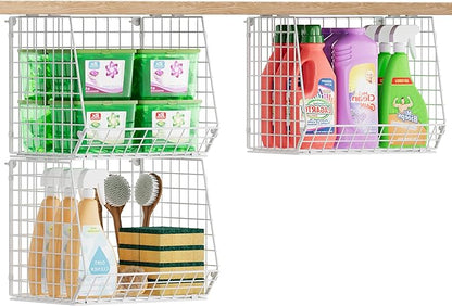 3 Pack Screw Mount Under The Wooden Shelf Laundry Room Organizer: Foldable Wire Basket Space Saving Over The Washer and Dryer - Laundry Organization and Storage, White Patent