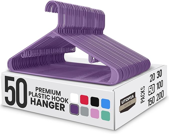 Utopia Home Plastic Hangers 50 Pack - Clothes Hanger with Hooks - Durable & Space Saving Coat Hanger - Heavy Duty Purple Hangers - Skirt Hangers