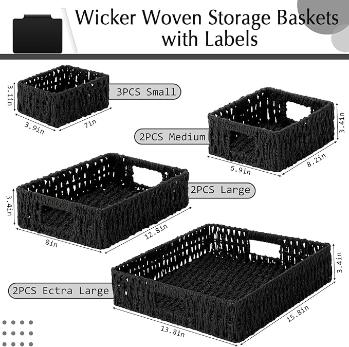 Marsui 9 Pcs Paper Rope Storage Baskets with Handle Labels Handwoven Multi-size Black Storage Bins for Organizing Small Baskets Container for Shelves Closet Pantry Toilet