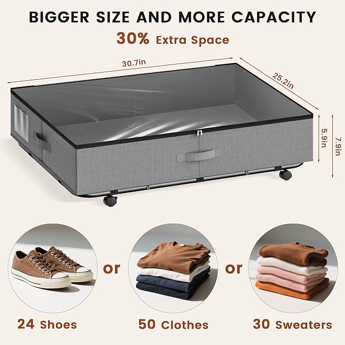 XXXL 78L Under Bed Storage with Wheels, Rolling Storage Containers with Clear Lid & Label, Heavy-Duty Metal Frame, Easy Pull-out, Underbed Storage Bins for Clothes, Shoes, Blankets, and Toys(2PACK)