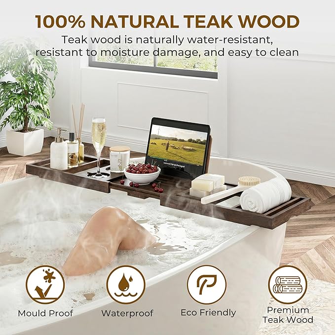 Venusmiles Teak Bathtub Tray Caddy, Foldable Bath Tray with Expandable Handles, Wine Glass and Phone Holders, Book Stand, for Home Spa Relaxation, Luxury Bathroom Accessories - Dark Walnut Color