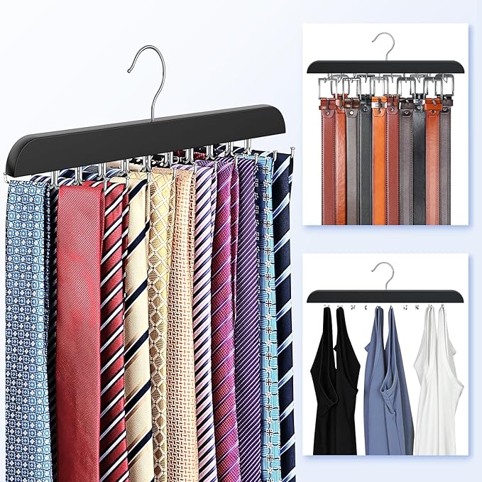 RESOVO Upgraded Tie Rack Hanger with 20 Foldable Metal Hooks, Space Saving Necktie Organizer for Men – Large Capacity Tie and Belt Wooden Hanger for Closet - Black 2 Pack