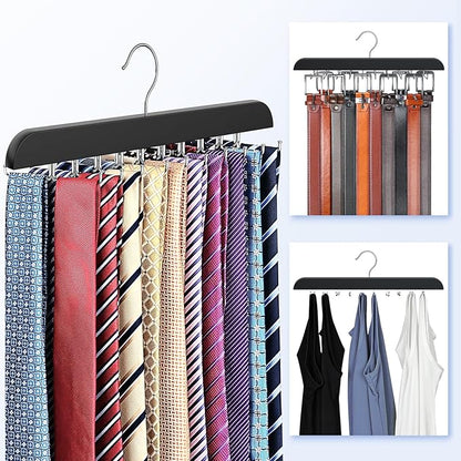 RESOVO Upgraded Tie Rack Hanger with 20 Foldable Metal Hooks, Space Saving Necktie Organizer for Men – Large Capacity Tie and Belt Wooden Hanger for Closet - Black