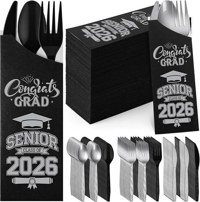 Funnymoom 400 Pcs 2026 Graduation Wrapped Silverware Bags Holder - Disposable Dinnerware Set Includes Plastic Spoons Knives and Forks, Class of 2026 Parties School Congrats Supplies(Black and Gray)
