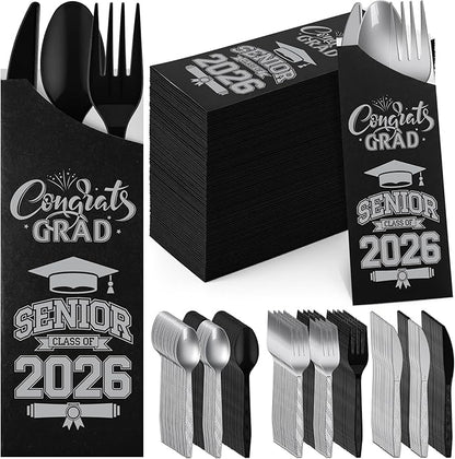 Funnymoom 400 Pcs 2026 Graduation Wrapped Silverware Bags Holder - Disposable Dinnerware Set Includes Plastic Spoons Knives and Forks, Class of 2026 Parties School Congrats Supplies(Black and Gray)