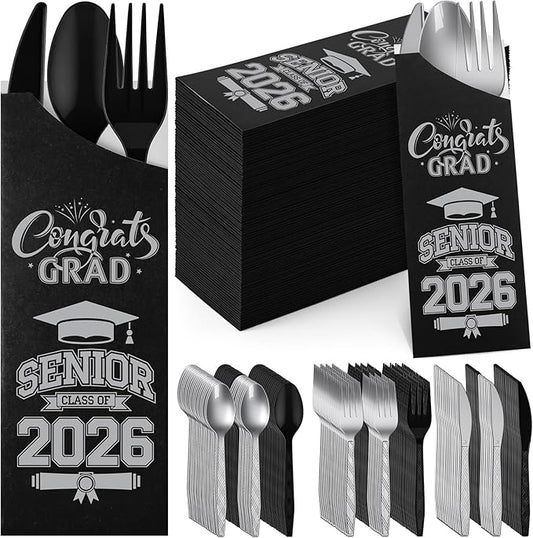 Funnymoom 400 Pcs 2026 Graduation Wrapped Silverware Bags Holder - Disposable Dinnerware Set Includes Plastic Spoons Knives and Forks, Class of 2026 Parties School Congrats Supplies(Black and Gray)