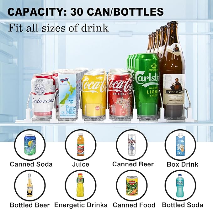 LumoShine Drink Organizer for Fridge, Self-Pushing Soda Can Dispenser for Refrigerator, Width Adjustable Pusher Glide for 12oz to 20oz holds (White, 14.96" D x 18.89" W— 6 Rows)