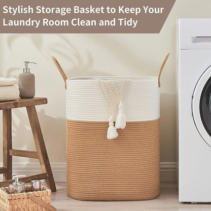 AINUOQI Laundry Basket with Handles - Blanket Basket & Hampers for Bedroom Aesthetic, Laundry Hamper & Blanket Storage for Living Room, Clothes Hamper, Tall, Large 17" x 14" x 22”, White & Jute