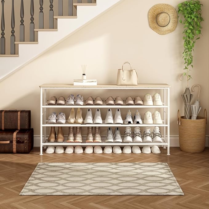SUOERNUO Shoe Rack Organizer 4 Tier for Closet Entryway Free Standing Metal Storage Shoe Shelf with MDF Top Board (White+Oak, Large 4 Tier)