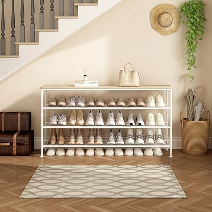 SUOERNUO Shoe Rack Organizer 4 Tier for Closet Entryway Free Standing Metal Storage Shoe Shelf with MDF Top Board (White+Oak, Large 4 Tier)