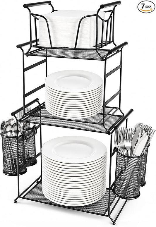 HULISEN 3-Tier Buffet Caddy, 7-Piece Set Stackable Paper Plate and Utensil Holder for Party, Detachable Mesh Silverware Organizer for Countertop, Metal Serving Station for Hosting Party Essentials