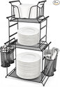 HULISEN 3-Tier Buffet Caddy, 7-Piece Set Stackable Paper Plate and Utensil Holder for Party, Detachable Mesh Silverware Organizer for Countertop, Metal Serving Station for Hosting Party Essentials