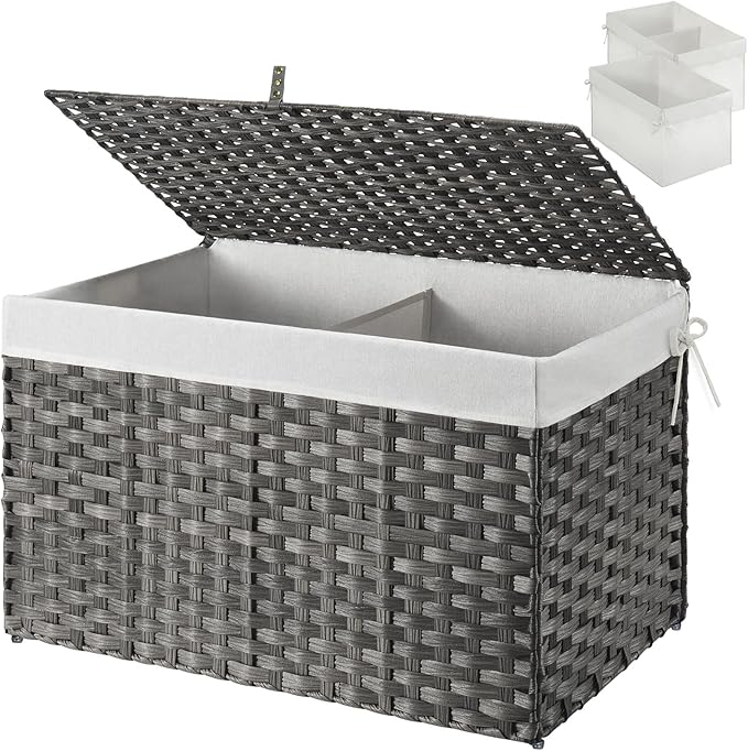 GREENSTELL Storage Basket with Lid, 27.7 Gallon(105L) Lagre Wicker Blanket Storage Basket with Handles, Foldable, 2 Removable Liner Bags, Metal Frame, for Bedroom, Laundry Room, Grey,25.6"*15.7"*15.7"