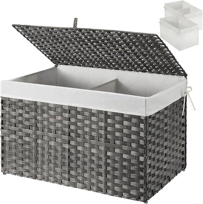 GREENSTELL Storage Basket with Lid, 27.7 Gallon(105L) Lagre Wicker Blanket Storage Basket with Handles, Foldable, 2 Removable Liner Bags, Metal Frame, for Bedroom, Laundry Room, Grey,25.6"*15.7"*15.7"