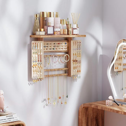 Emfogo Jewelry Organizer Hanging Wall Mounted Jewelry Holder, 5-in-1 Large Capacity Necklace Organizer Display for Ring, Necklaces, Bracelets, Earrings (Rustic Wood)