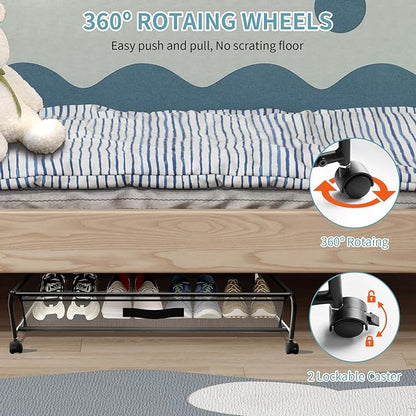 Under Bed Shoe Storage with Wheels, Space Saving Shoe Organizer with Sturdy Metal Frame & Breathable Mesh, Suitable Under The Bed, Sofa and Desk, 1 Pack