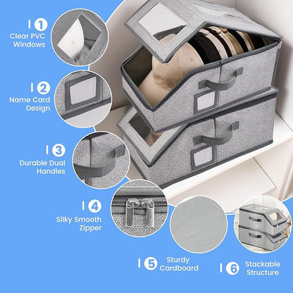 2 Pack Hat Storage for Baseball Caps, Hat Box with Clear View Window, Hat Organizer for Baseball Caps Holds 30 Caps with Cardboard for Men & Women, Ball Cap Organizer for Closet & Shelf (Light Gray)