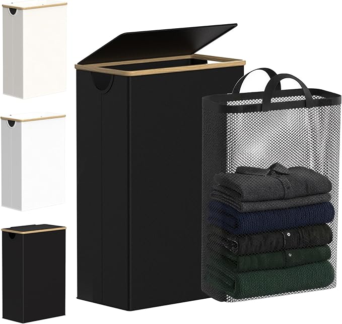 efluky Slim Laundry Basket with Lid, Narrow Laundry Hamper with Removable Bag, Skinny Dirty Clothes Basket with Bamboo Handles for Bathroom, Bedroom & Laundry Room, 75L Black