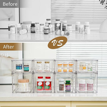 6Pack Pantry Organizers and Storage,Clear Stackable Kitchen Storage Organizer,Foods Organizer Bins with Handles, Easily Assemble for Bathroom, Kitchen, Refrigerator, Pantry, Cabinet, Closet