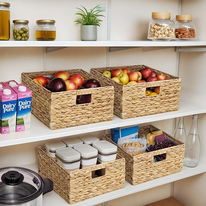 eHemco Large Square Woven Hyacinth Wicker Pantry Storage Baskets with Iron Wire Frame, 12"x12"x6", Natural, Set of 4