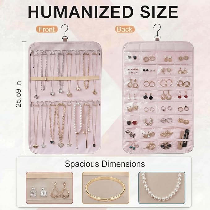 Hanging Jewelry Organizer, Dual-Sided Necklace Holder with Multiple Clear Pockets - Wall Mount & Over The Door Closet Storage for Earrings, Rings, Bracelets - 360° Rotating Hanger (1, pink, M)