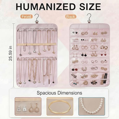Hanging Jewelry Organizer, Dual-Sided Necklace Holder with Multiple Clear Pockets - Wall Mount & Over The Door Closet Storage for Earrings, Rings, Bracelets - 360° Rotating Hanger (1, pink, M)