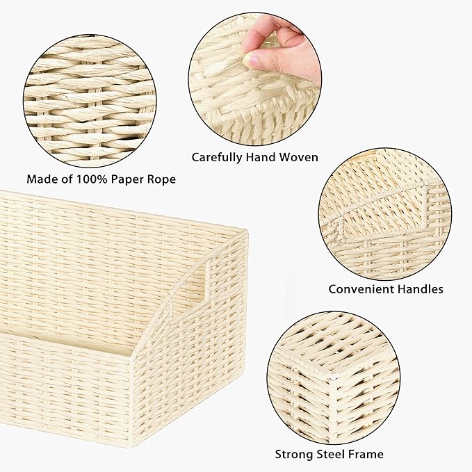 Rattan Storage Baskets, Handwoven Wicker Storage Bins with Built-in Handles, Storage Container Baskets for Shelves, Bedroom, Bathroom, Laundry Room or Kitchen(Beige)