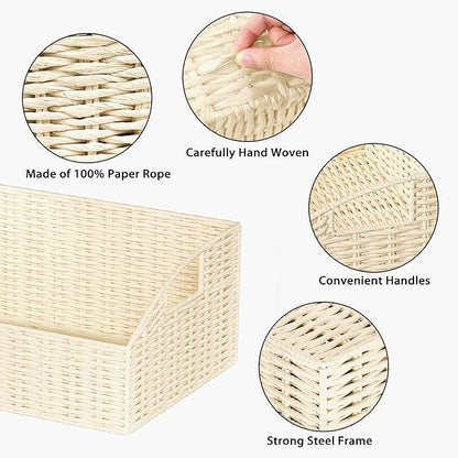 Rattan Storage Baskets, Handwoven Wicker Storage Bins with Built-in Handles, Storage Container Baskets for Shelves, Bedroom, Bathroom, Laundry Room or Kitchen(Beige)