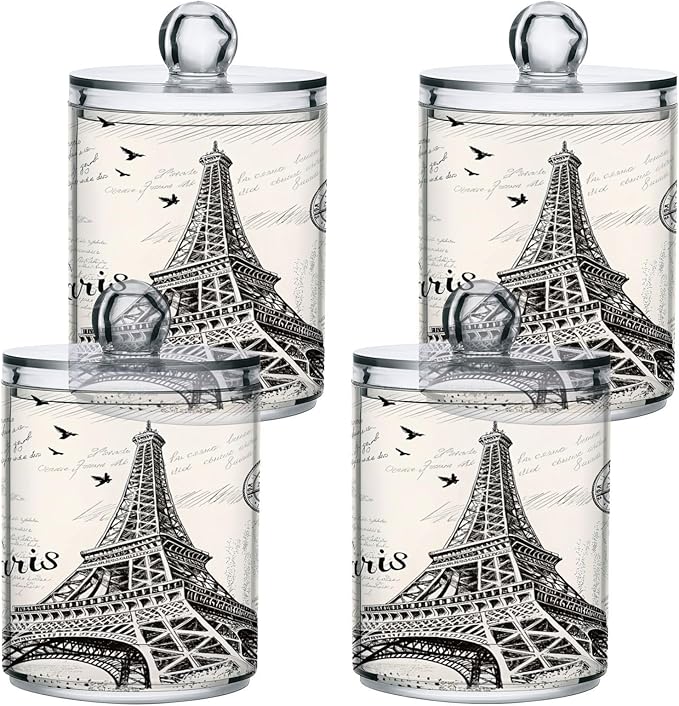 Paris Eiffel Tower Qtip Holder Dispenser 2 PCS Plastic Bathroom Canister Apothecary Jars with Lid 14 oz Vanity Makeup Storage Organizer for Cotton Swabs, Balls, Pads, Floss