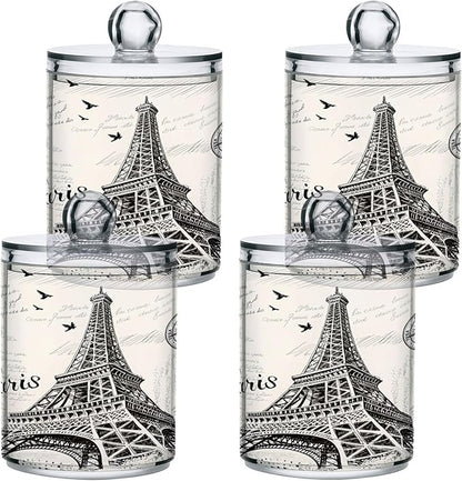 Paris Eiffel Tower Qtip Holder Dispenser 2 PCS Plastic Bathroom Canister Apothecary Jars with Lid 14 oz Vanity Makeup Storage Organizer for Cotton Swabs, Balls, Pads, Floss