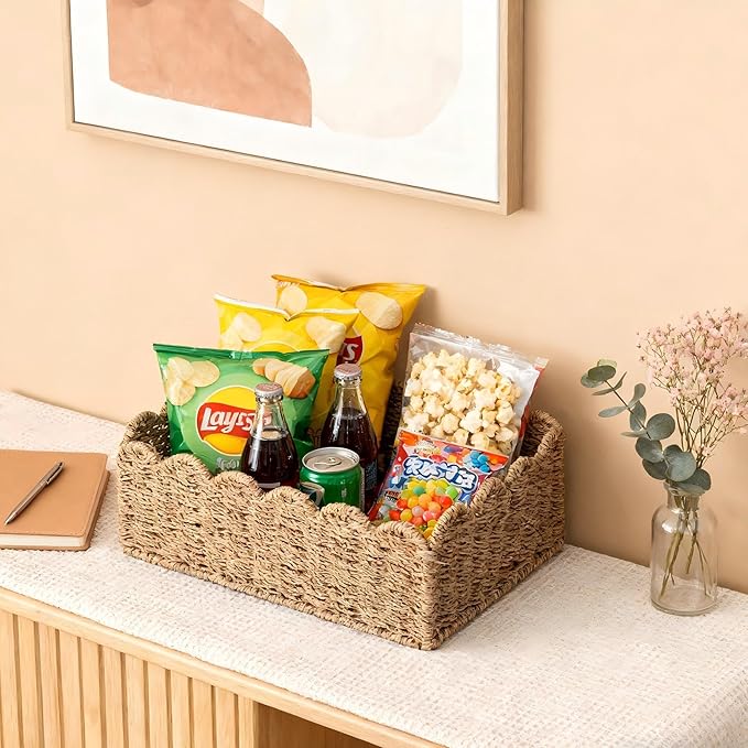 Scalloped Basket, Wicker Storage Baskets, Hand Woven Baskets for Shelves,Natural Baskets for Organizing (Seagrass&M-14" L x 10.5" W x 6" H)