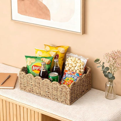 Scalloped Basket, Wicker Storage Baskets, Hand Woven Baskets for Shelves,Natural Baskets for Organizing (Seagrass&M-14" L x 10.5" W x 6" H)