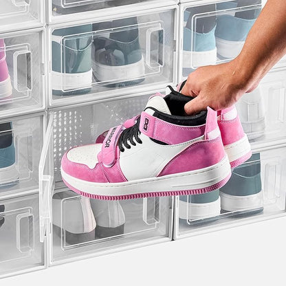VEVOR Shoe Storage Boxes, 12 Pack Stackable Shoe Boxes Storage Organizers, Fit up to US Size 11, Plastic Modular Space Saving Sneaker Containers for Storing High Heels, Boots, and Hats, White Frame