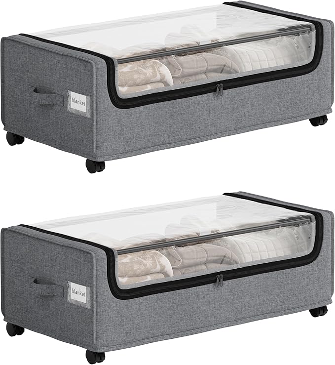 Under Bed Storage With Wheels, Tall Under The Bed Storage, Underbed Storage Containers With Lids, Metal Frame, 90L Capacity, Large Size