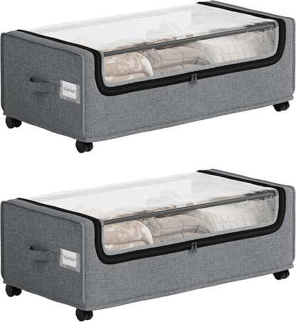 Under Bed Storage With Wheels, Tall Under The Bed Storage, Underbed Storage Containers With Lids, Metal Frame, 90L Capacity, Large Size