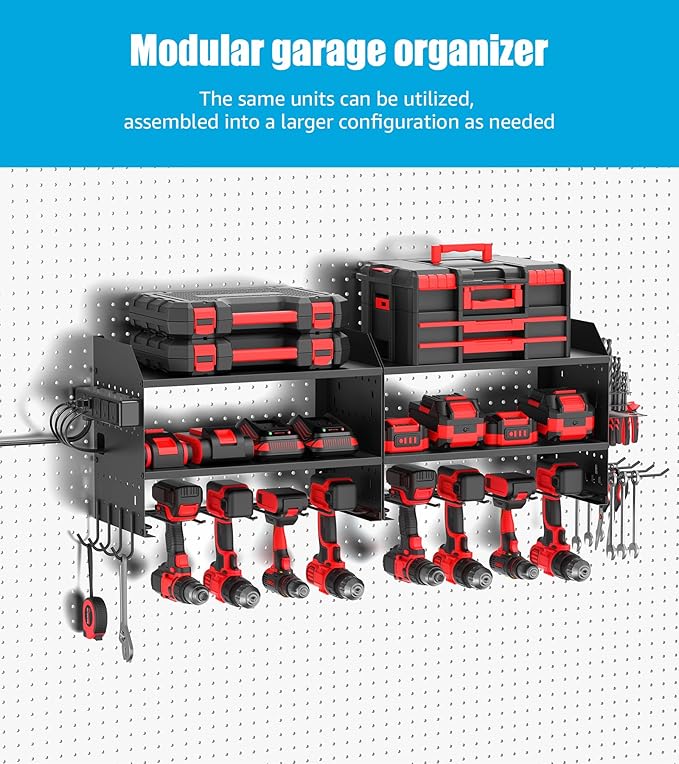 CCCEI Modular Power Tools Organizer Charging Station, Drills and Battery Storage Wall Mount, Garage Shop Organization, Anniversary, Birthday, Gifts for Men, Father, Black, 1 Pack.