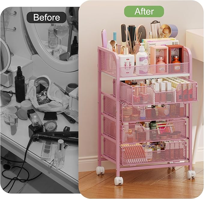 Hongtamoya Makeup Cart Organizer with 4 Drawers, Large Floor Skincare Organizers, Vanity Storage Organizer Cosmetics Display Cases for Skin Care Perfume Nail Polish, Pink