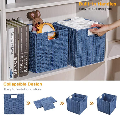 Vagusicc Wicker Storage Basket, Set of 2 Hand-Woven Storage Baskets for Shelves with Handles, Foldable Cube Storage Bins Organizer, Blue 13x13 Inch Large Wicker Baskets for Pantry Bedroom Decor, Blue