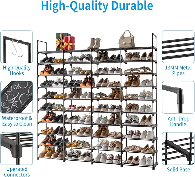 10 Tier Free Standing Shoe Rack, 80 Pairs Tall Vertical Shoe Shelf, Stackable Metal & Waterproof PP, Adjustable Height with Hooks for Closet, Entryway, Dorm