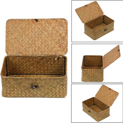 Wicker Basket with Lid, Natural Seagrass Storage Baskets for Organizing, Woven Basket for Storage, Decorative Boxes Bins with Lids Home Organizer Decor (‎Natural, Small)