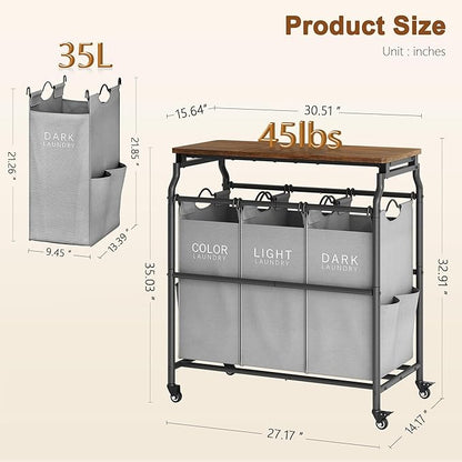 Hoctieon 3 Section Laundry Sorter Cart with Ironing Board, Laundry Hamper with Shelf and Rolling Wheels, Heavy Duty Laundry Basket Organizer, Large Clothes Separator Hamper with Removable Bags, Gray