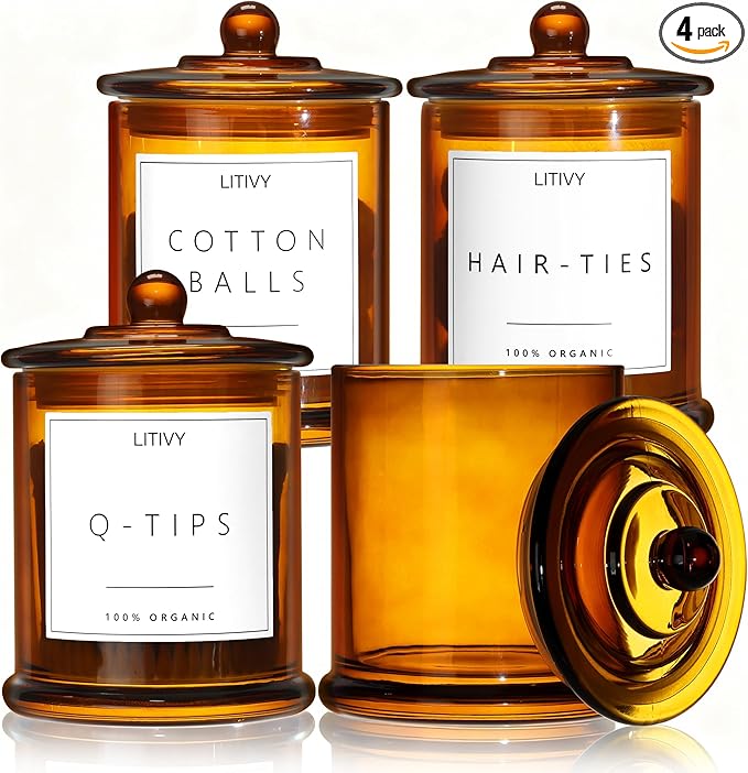 LITIVY 4 Pack Bathroom Organizers and Storage - 16 Oz Glass Qtip Holder & Cotton Pad Dispenser with Lid, Apothecary Jars for Home, Room Decor, Kitchen Organizer (Amber)