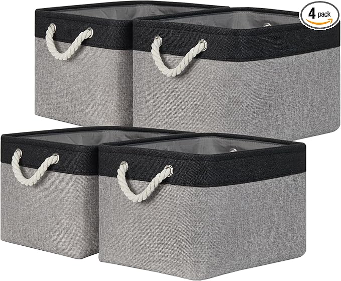 Temary Fabric Storage Baskets 4Pack Storage Bins Decorative Basket for Gift, Clothes Bin with Rope Handle, Rectangle Baskets for Storage, Blankets(Black&Gray,15x11x9.5 inch)