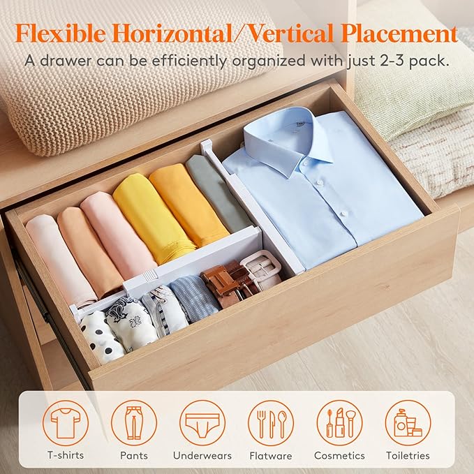 Lifewit 10 Pack 4" High Drawer Dividers 28-43.5cm/11-17" Adjustable Drawer Organizer for Clothes/Utensils, Expandable Drawer Separator in Dresser/Kitchen/Bedroom/Office Organization & Storage White
