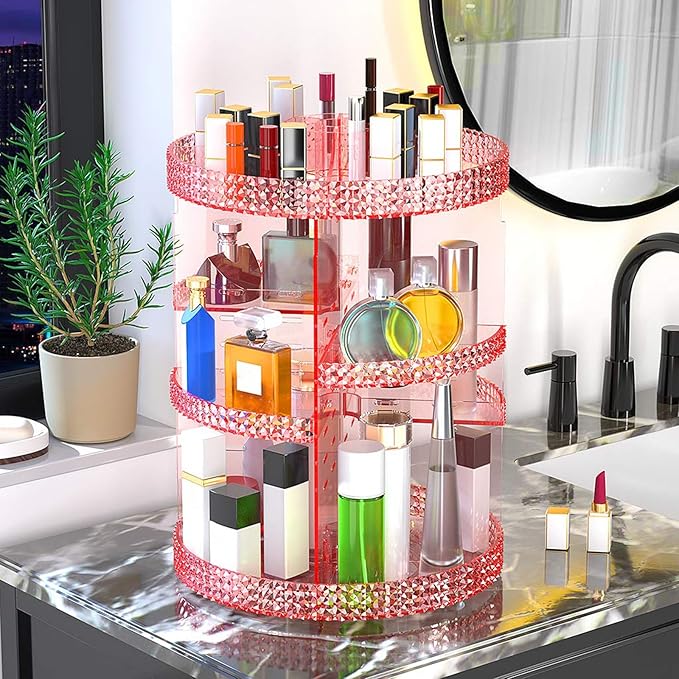 Awenia Makeup Organizer 360-Degree Rotating, Adjustable Makeup Storage, 7 Layers Large Capacity Cosmetic Storage Unit, Fits Different Types of Cosmetics and Accessories, Plus Size(Pink)