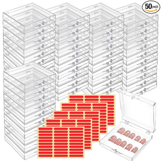 50PCS Press On Nail Storage Boxes Clear Plastic Fake Nail Tips Display Case with 150Pcs Adhesive Double Sided Tape Empty Packaging Boxes Container for Home Beauty Nail Art Business Salon